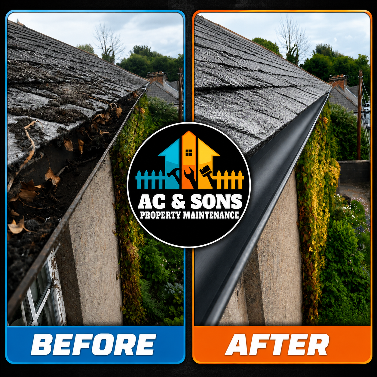 Gutter cleaning before and after — leaves and debris cleared