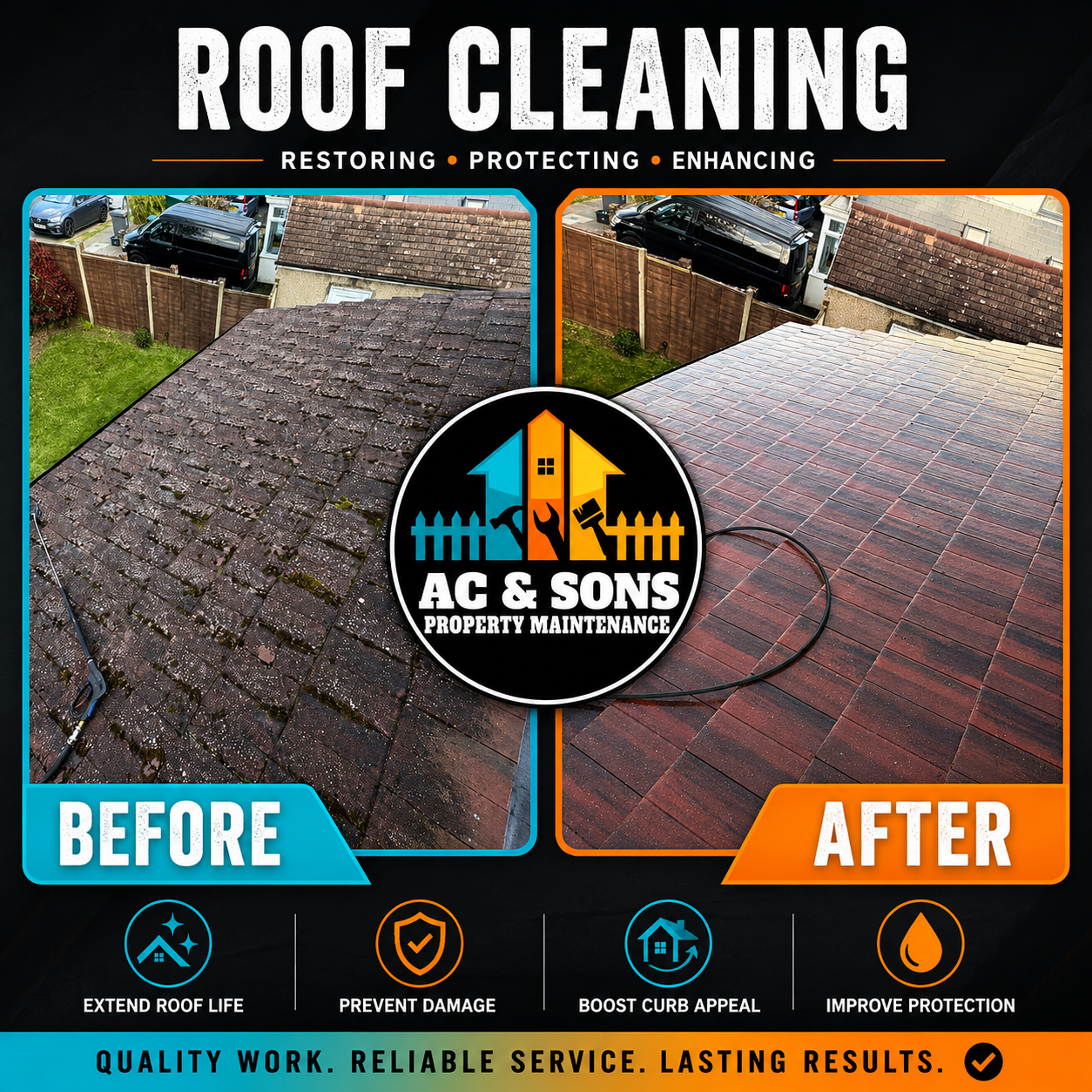 Roof cleaning before and after — moss removed and tiles restored